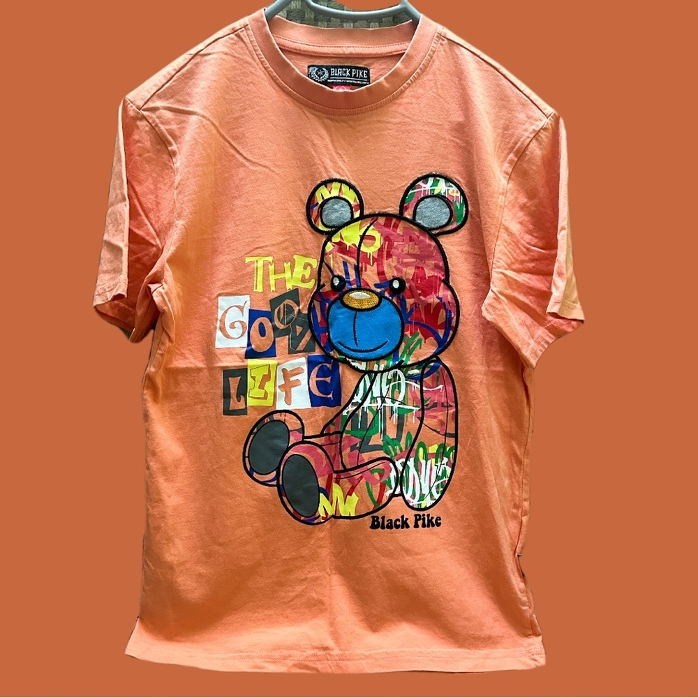 BLACK PIKE Orange Men’s T-Shirt with Bear Graphic size S